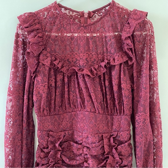 Lace Embroidered Sheer Detail Ruffle Ruched High Waist Mini Dress Maroon Small - Picture 7 of 14